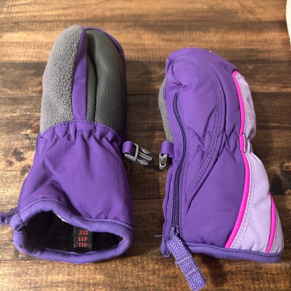 Head Kids XXS fleece lined waterproof purple mittens with side zipper closure